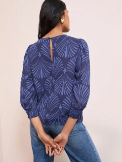 Friends Like These 3/4 Sleeve Shirred Cuff Blouse Blue Fan Print Best