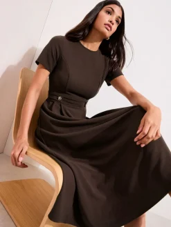 Friends Like These Petite Tab Detail Short Sleeve Midi Tailored Dress Brown