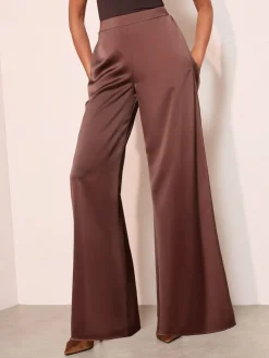 Friends Like These Super Wide Leg Satin Trousers Brown Hot