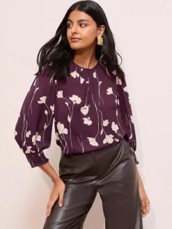 Friends Like These 3/4 Sleeve Shirred Cuff Blouse Burgundy Floral Print Discount