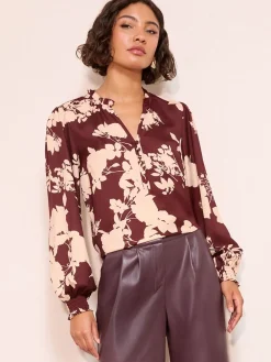 Friends Like These Long Sleeve V-Neck Button Front Blouse Burgundy Floral Outlet