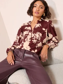 Friends Like These Long Sleeve V-Neck Button Front Blouse Burgundy Floral Outlet
