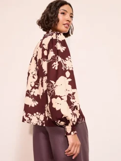 Friends Like These Long Sleeve V-Neck Button Front Blouse Burgundy Floral Outlet