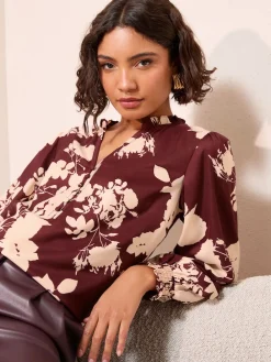Friends Like These Long Sleeve V-Neck Button Front Blouse Burgundy Floral Outlet