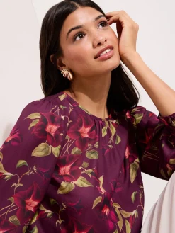 Friends Like These 3/4 Sleeve Shirred Cuff Blouse Burgundy Floral Outlet