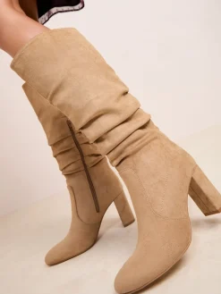 Friends Like These Standard fit Ruched Block Heel Knee High Long Faux Suede Boots Camel Best