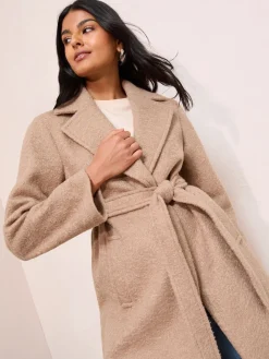Friends Like These Camel Petite Wrap Belted Boucle Textured Midi Coat Discount