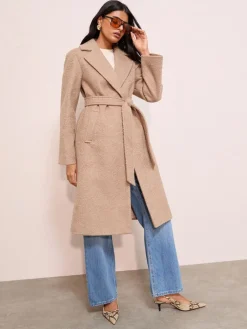 Friends Like These Camel Petite Wrap Belted Boucle Textured Midi Coat Discount