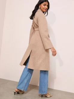 Friends Like These Camel Petite Wrap Belted Boucle Textured Midi Coat Discount