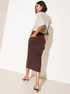 Friends Like These Split Front Denim Midi Skirt Chocolate Brown