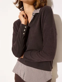 Friends Like These 2 in1 Button Shoulder Poplin Jersey Jumper Chocolate Hot