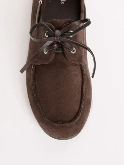Friends Like These Slim Lace-Up Comfort Faux Suede Boat Shoe Loafers Chocolate Brown