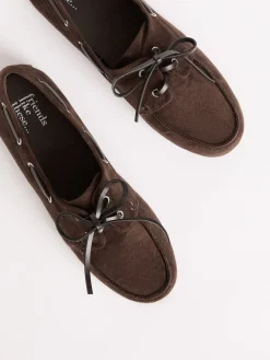Friends Like These Slim Lace-Up Comfort Faux Suede Boat Shoe Loafers Chocolate Brown