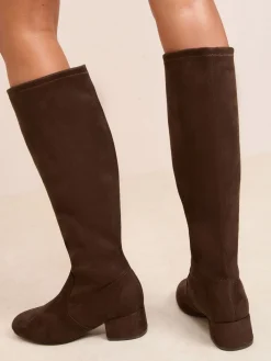 Friends Like These Wide Fit Low Block Heel Faux Suede Knee High Sock Boots Chocolate Brown New