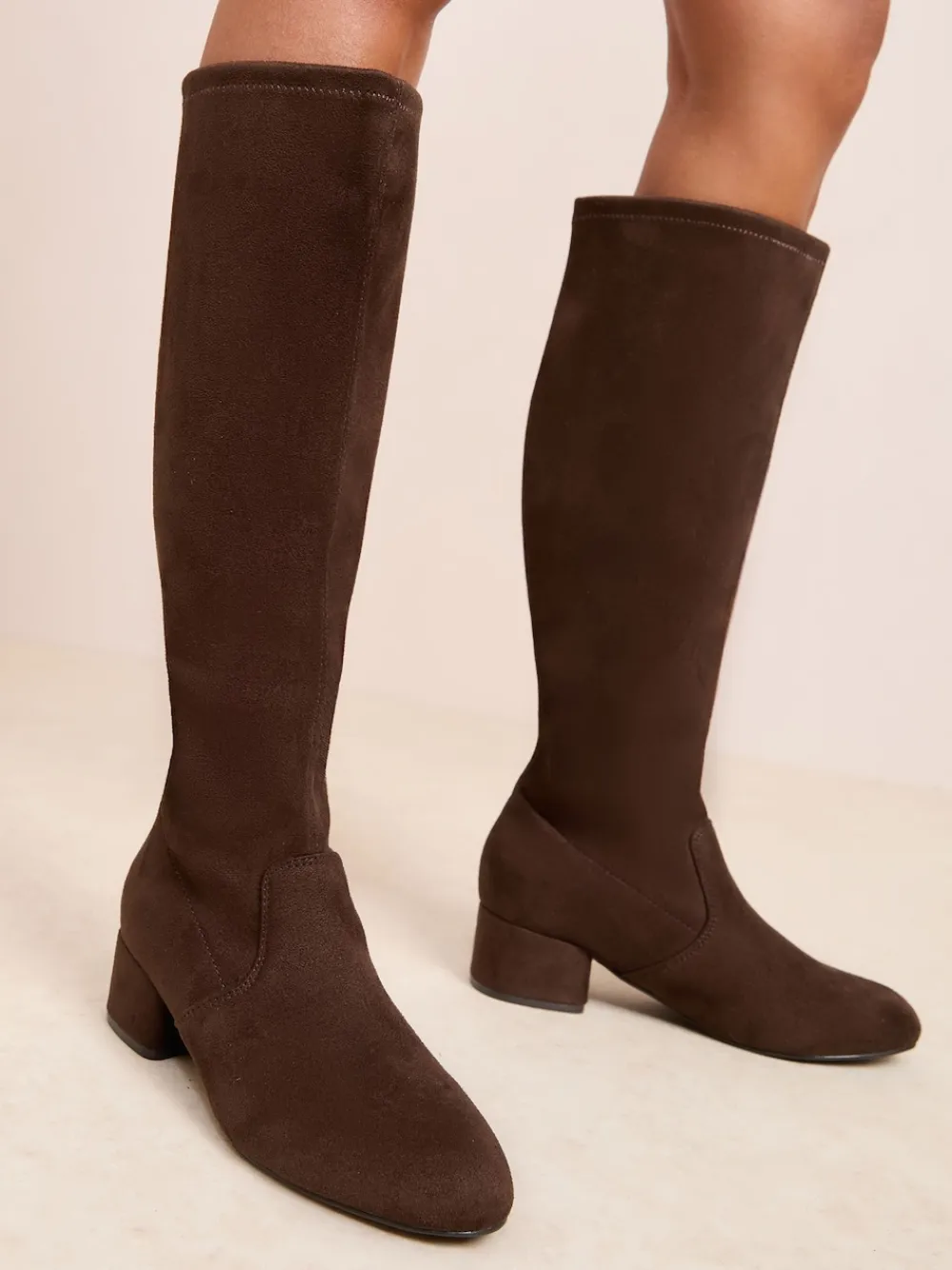Friends Like These Standard fit Low Block Heel Faux Suede Knee High Sock Boots Chocolate Brown Best