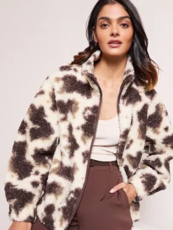 Friends Like These Cream Cow Print Full Zip Borg Jacket Hot