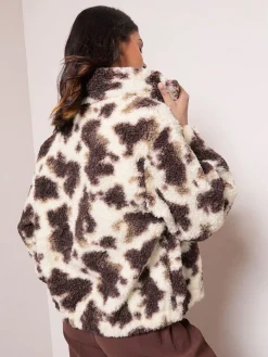 Friends Like These Cream Cow Print Full Zip Borg Jacket Hot