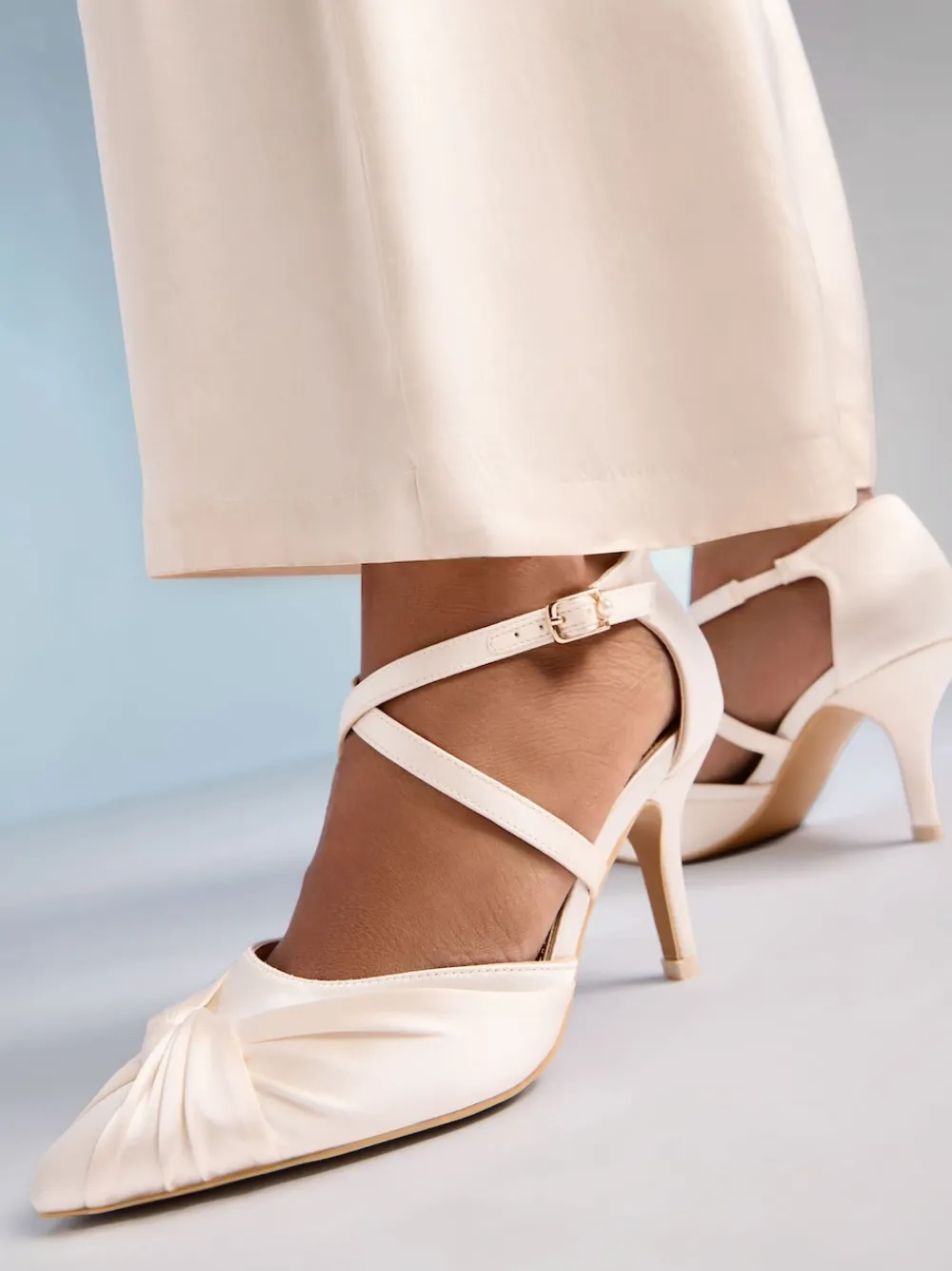 Friends Like These Cream Satin Twist Detail Cross Strap Mid Heel Bridal Court Shoe Hot