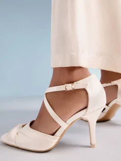 Friends Like These Cream Satin Twist Detail Cross Strap Mid Heel Bridal Court Shoe Hot