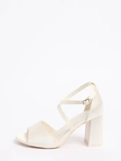 Friends Like These Cream Wide Fit Satin Cross Strap Mid Block Heel Peep Toe Bridal Sandals Discount
