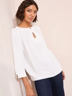 Friends Like These 3/4 Sleeve Keyhole Front Hardware Detail Blouse Cream