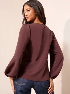 Friends Like These Long Sleeve Button Front Ruffle Blouse Fig Purple Outlet