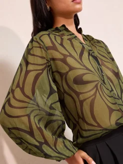 Friends Like These Green Floral Print Collarless Long Sleeve Chiffon Blouse New