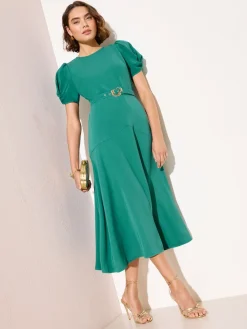 Friends Like These Ruched Short Sleeve Belted Midi Dress Green Sale