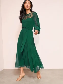 Friends Like These Lace Yoke Long Sleeve Pleated Chiffon Midi Dress Green Hot