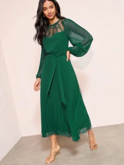 Friends Like These Lace Yoke Long Sleeve Pleated Chiffon Midi Dress Green Hot