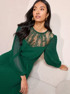 Friends Like These Lace Yoke Long Sleeve Pleated Chiffon Midi Dress Green Hot