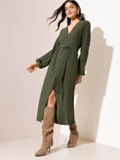 Friends Like These Petite Long Sleeve Tie Waist Button Up Textured Midi Dress Khaki Green Best