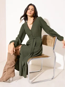 Friends Like These Petite Long Sleeve Tie Waist Button Up Textured Midi Dress Khaki Green Best