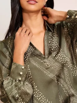 Friends Like These Long Sleeve Button Detail Collared Blouse Khaki Print