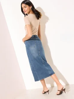 Friends Like These Petite Split Front Denim Midi Skirt Mid Blue Sale