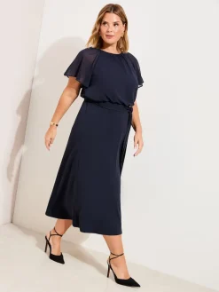 Friends Like These Curve Scuba Chiffon Flutter Sleeve Midi Dress Navy Blue Outlet