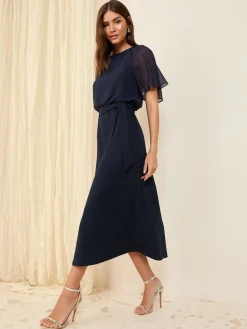 Friends Like These Scuba Chiffon Flutter Sleeve Midi Dress Navy Blue Discount