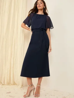 Friends Like These Scuba Chiffon Flutter Sleeve Midi Dress Navy Blue Discount
