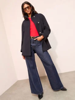 Friends Like These Funnel Neck Button Front Mid Length Coat Navy Outlet