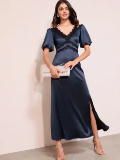 Friends Like These Lace Trim V-Neck Satin Midi Dress Navy Outlet