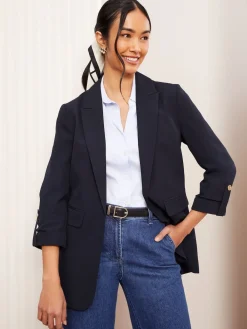 Friends Like These Petite Edge to Edge Tailored Sleeve Detail Blazer Navy Hot