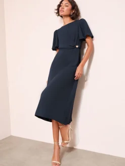 Friends Like These Tulip Sleeve Wrap Front Tailored Midi Dress Navy Online