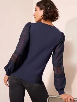 Friends Like These Woven Sleeve Knitted Top Navy