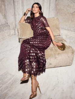 Friends Like These Foil Spot Short Sleeve Chiffon Tie Maxi Dress Red Discount