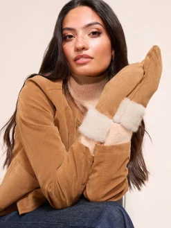 Friends Like These Tan Brown Cosy Faux Suede and Fur Mittens Gloves Sale