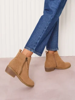 Friends Like These Wide Fit Mid Block Heel Side Zip Faux Suede Cuban Boots Tan Brown Hot