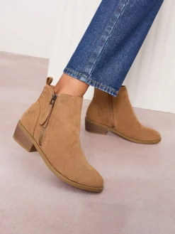 Friends Like These Standard fit Mid Block Heel Side Zip Faux Suede Cuban Boots Tan Brown Discount