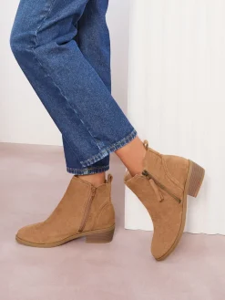 Friends Like These Standard fit Mid Block Heel Side Zip Faux Suede Cuban Boots Tan Brown Discount