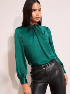 Friends Like These Crushed Satin Twist Neck Long Sleeve Blouse Teal Green New