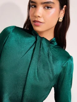 Friends Like These Crushed Satin Twist Neck Long Sleeve Blouse Teal Green New